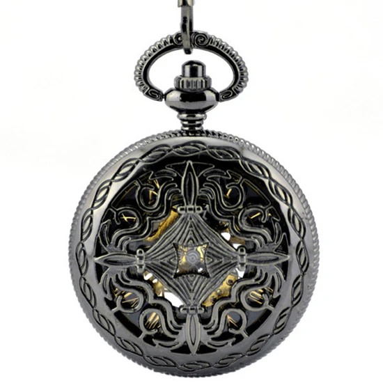 

5pcs/lot Mechanical Pocket Watch Hollow Black Dial Hand-Winding Men Pendant Collection Chain Watch Skeleton Steampunk Clock