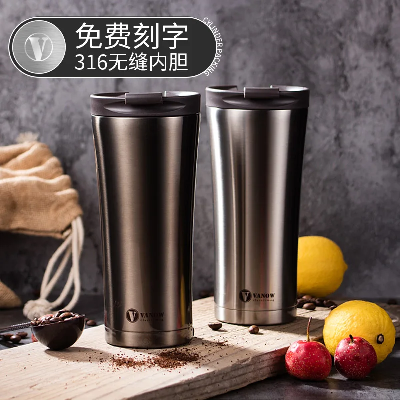 Coffee cup 316 stainless steel seamless inner insulation cup Male and female portable car water cup one-hand open cover