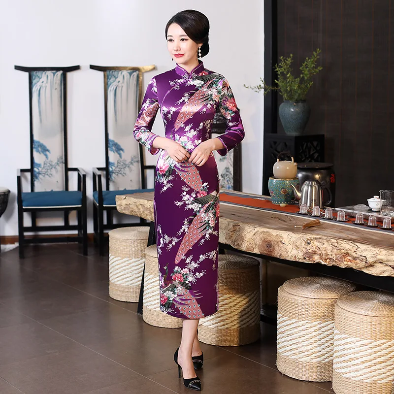 Chinese National Spring Cheongsam Long Dress Peacock Floral Vintage Silk Long Sleeve Dresses