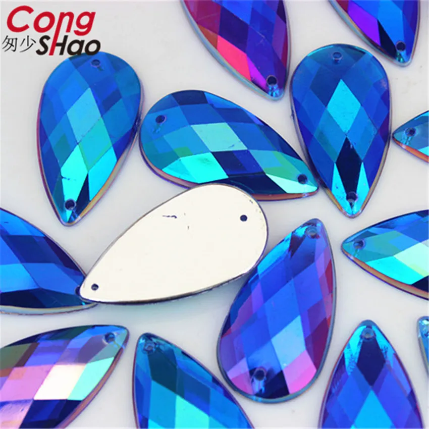 Cong Shao 50pcs 16*30mm AB Color Drop Acrylic rhinestone stones crystals flatback sewing 2 Hole DIY Wedding Dress Button CS421