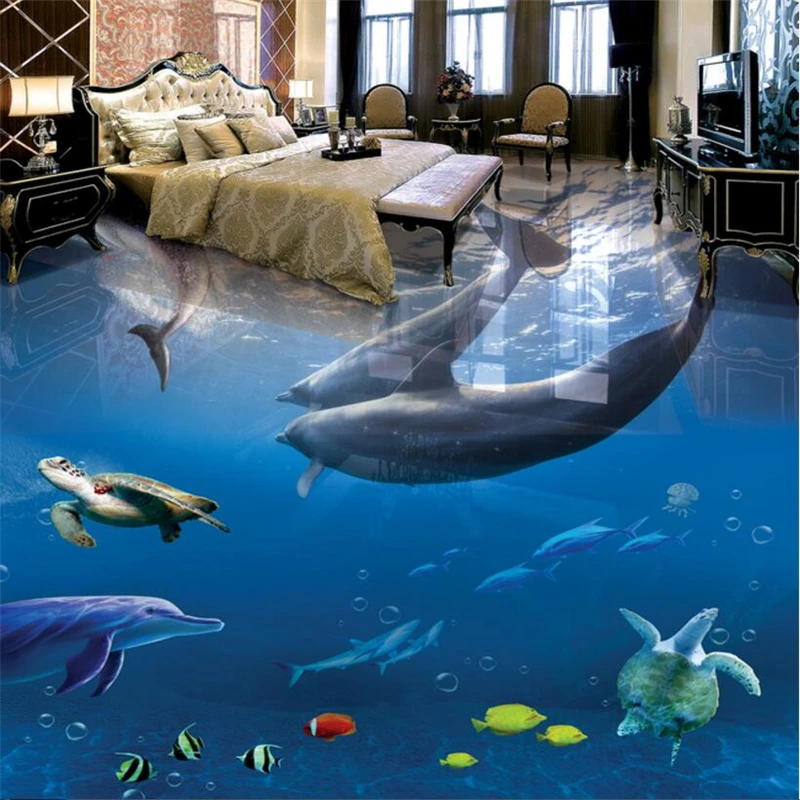 

beibehang Custom Photo 3D Wearable PVC Flooring Dolphin Underwater World 3D Stereo Bathroom Living Room Floor Tile Painting