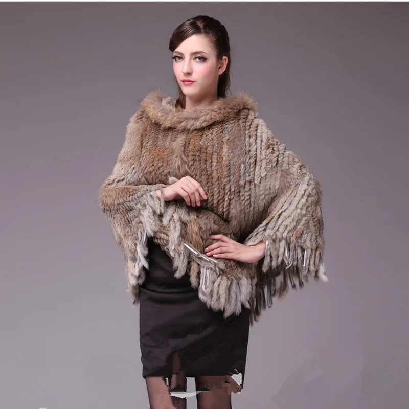 

Autumn Winter Women's Real Genuine Knitted Rabbit Fur Poncho Raccoon Fur Hoody Wraps Lady Tassels Capes Female Stole VF0366