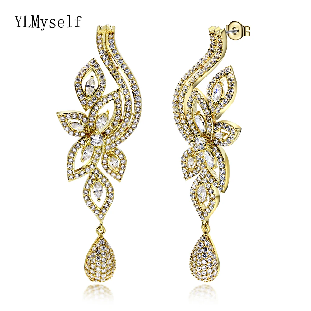 Large luxury flower drop earrings pave clear cubic zirconia crystal Gold color earrings fashion Party jewelry for women