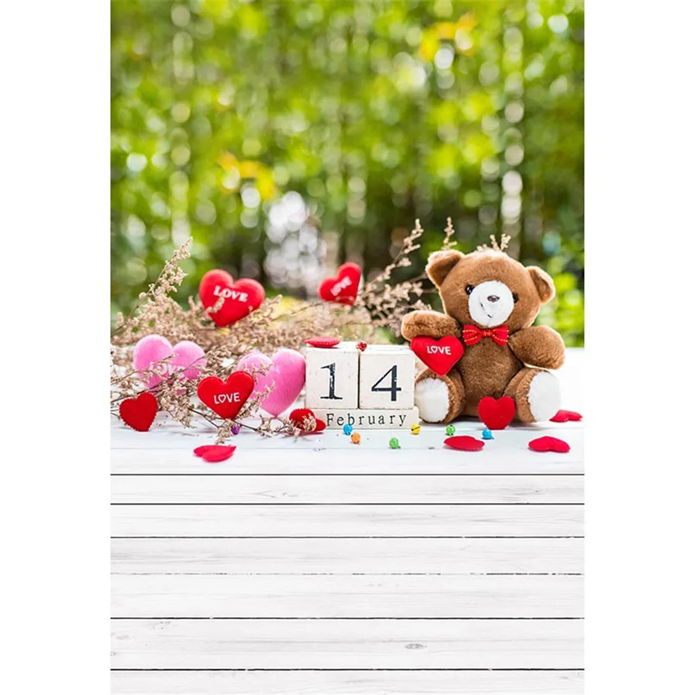 

Valentine's Day Baby Kids Backdrop Wood Floor Printed Bokeh Trees Red Love Heart Decors Toy Bear Children Photography Background