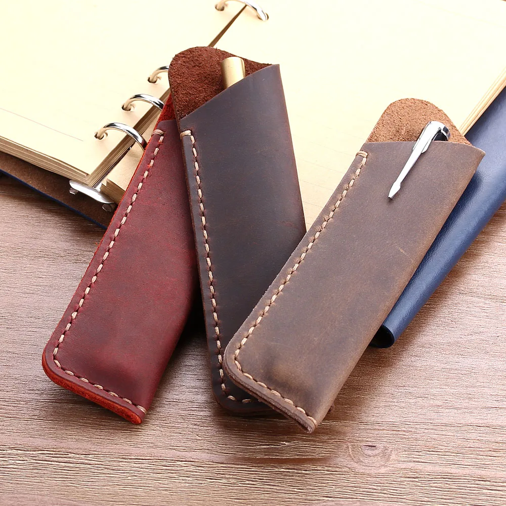 Personalise Handmade Genuine Leather Fountain Double Pen Bag Soft Pencil Protective Sleeve Cover