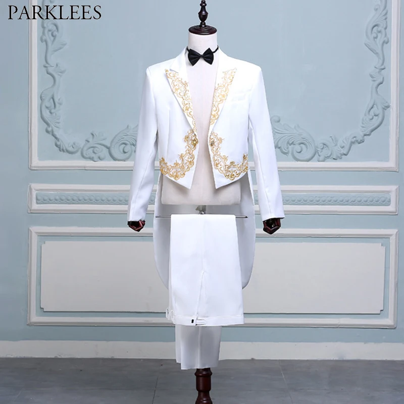 Mens 4 Pcs White Tuxedo Suits (Jacket+Pants+Blet+Tie) Brand Gold Embroidery Conductor Magician Pianist Prom Tailcoat Suit Male