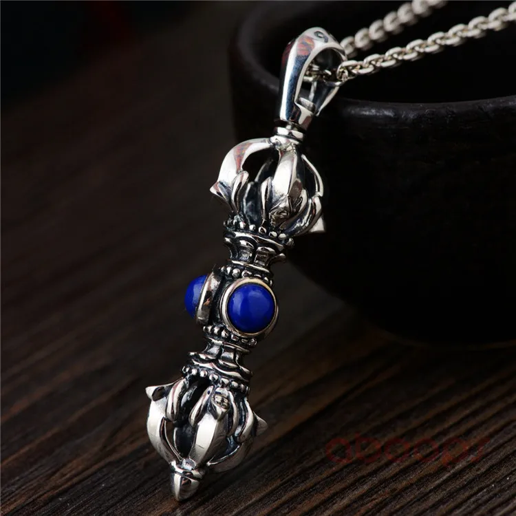 Vintage 925 Sterling Silver Buddhist Vajra Dorje Pendant with Natural Lapis Lazuli for Men Women,Free Shipping