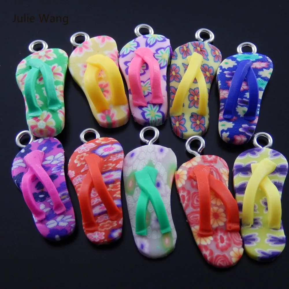 Julie Wang 10pcs Mini Charms Colorful Polymer Clay Flip Flops with Eye Nails Pendant Handmade Crafts Jewelry Making Accessory