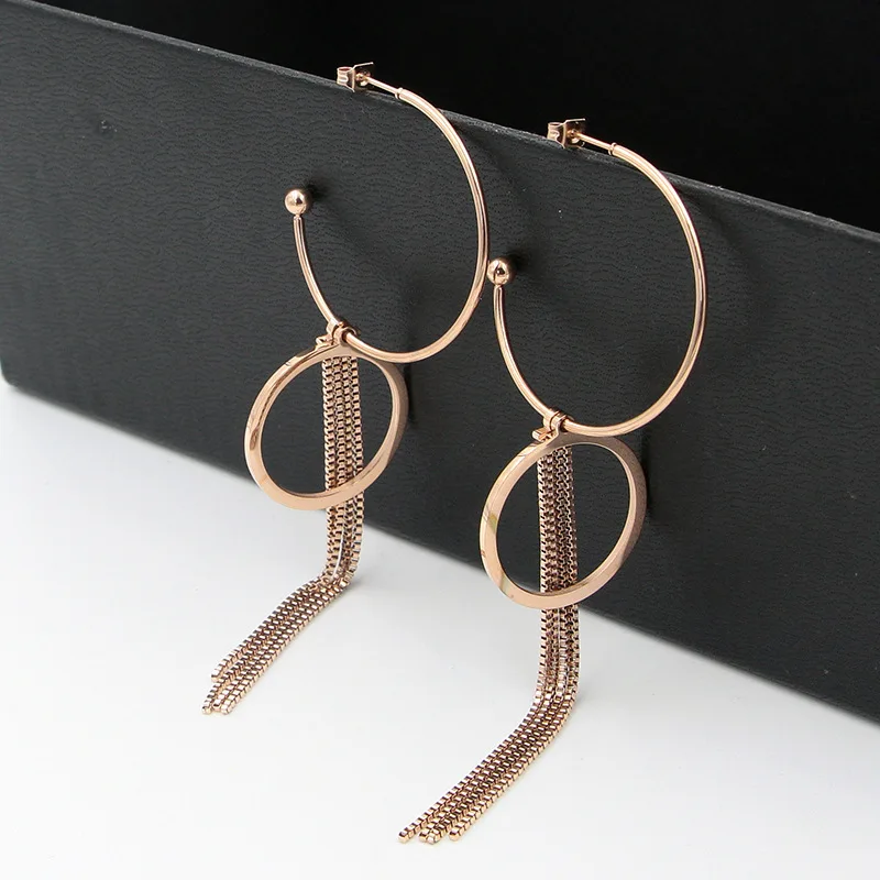 Large Rose Gold Color C-shaped Box Chain Circle Drop Earrings Fashion Beauty Wild Titanium Steel Women Earrings