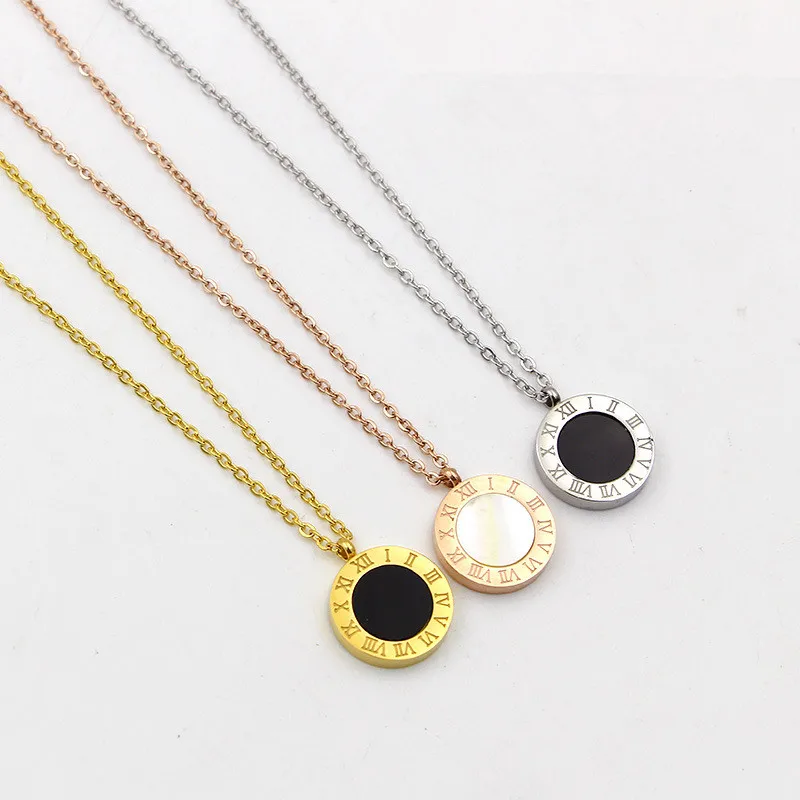 Roman Numerals Two Side Circle Round Pendant Necklace For Women Shell Jewelry Stainless Steel Love Short Necklaces Luxury K026-2