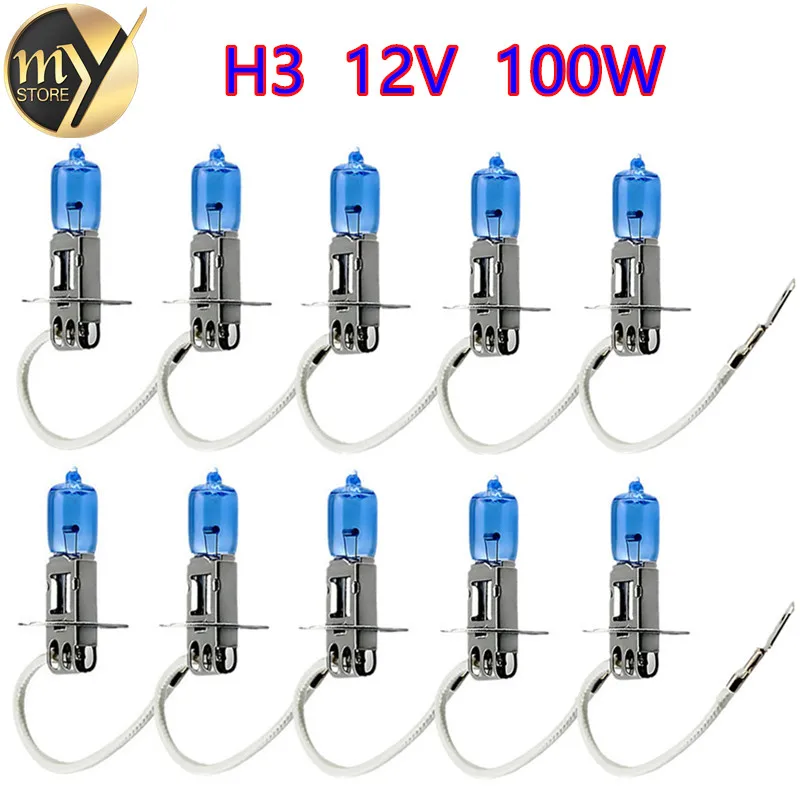 

10pcs H3 100W 12V Halogen Bulb Super White Fog Lights High Power Car Headlight Lamp Car Light Source 6000K parking