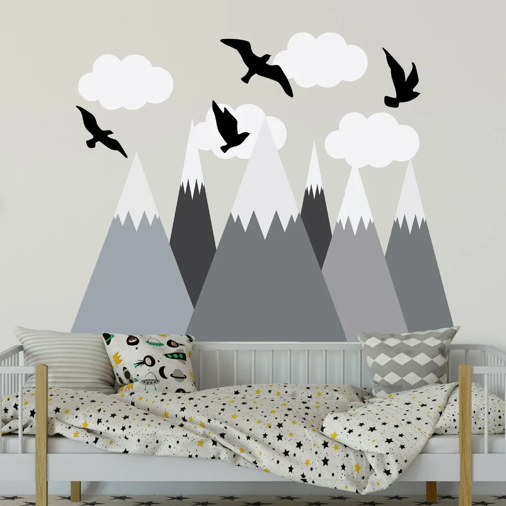 

152*122cm Big Size Birds-Clouds Gray Mountains Wall Stickers For Kids Room Nursery Home Decor Beautiful DIY Murals Decals LC1241