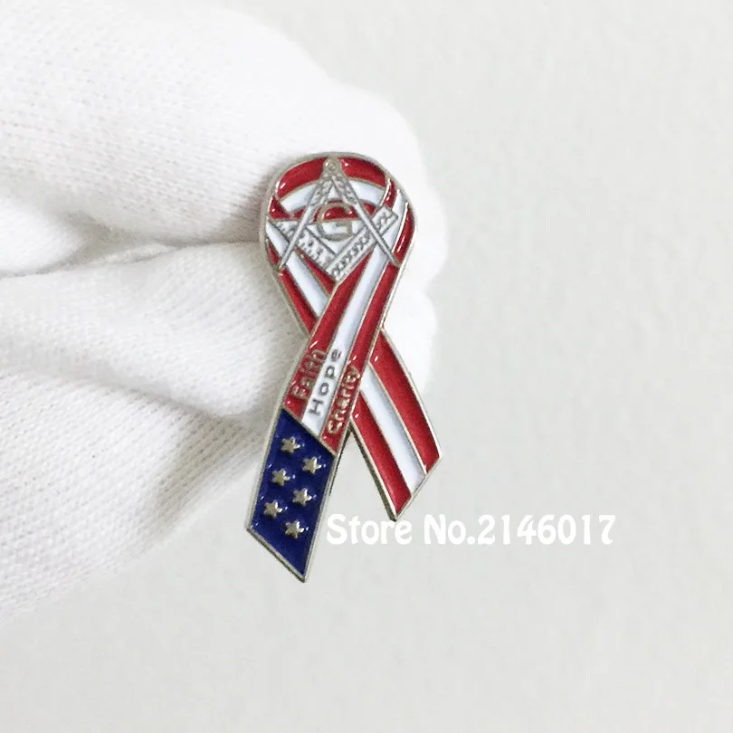 

100pcs Customized Enamel Brooch 27mm Tall US Flag Faith Hope Charity Masonic Lapel Pin Freemason Cancer Awareness Ribbon Badge