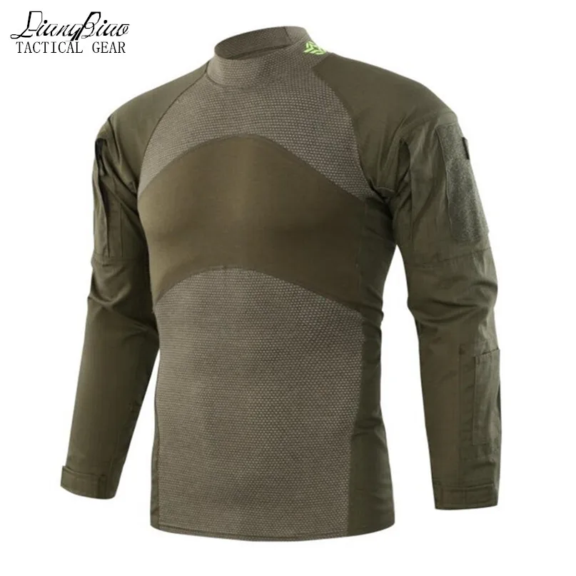 Men Long Sleeve Tactical T-shirt Army Green Combat T Shirt Long Sleeve Military Shirt Rip-stop Paintball Camouflage Clothing