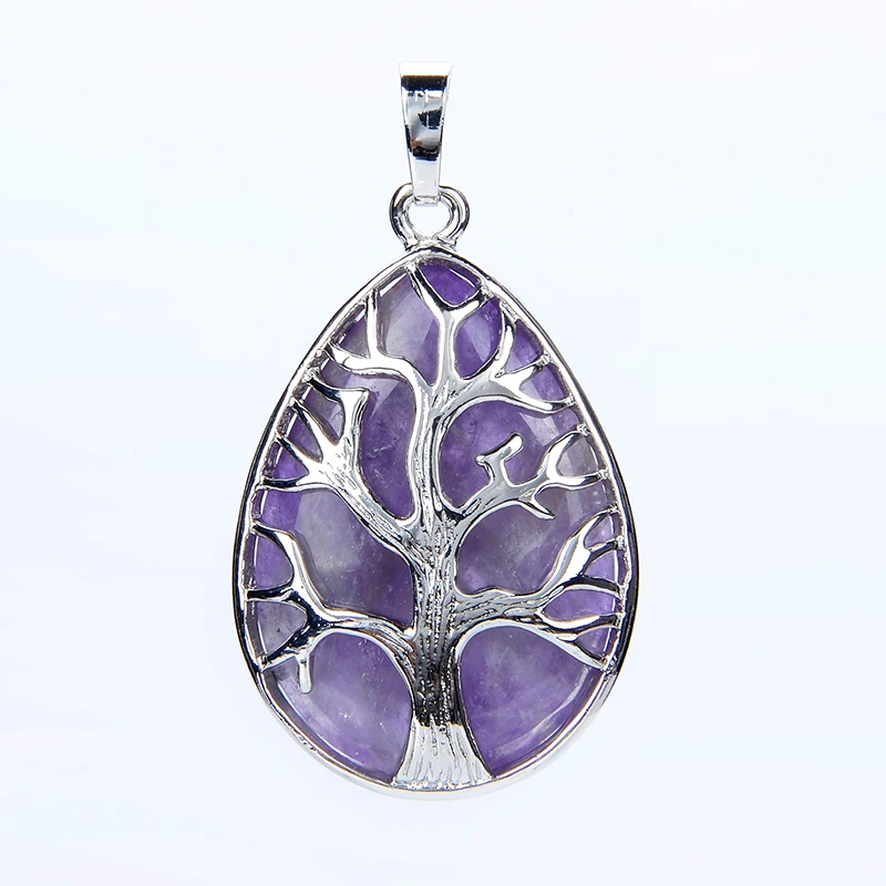 New Fashion Jewelry Opal Amethysts Turquoises Rose Pink Quartz Lapis Stone Teardrop Bead Chakra Tree Pendant for Women Necklaces