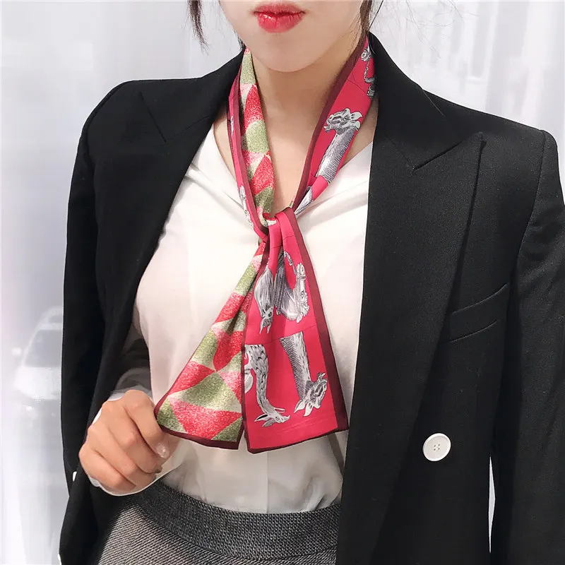 Skinny Scarf Small Silk Long Scarf For Women Fashionable Printing Giraffe Head Band Handle Bag Scarves Wraps Neckerchief 9X98CM