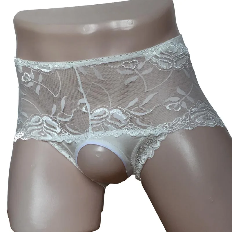 Sexy Sheer Lace Floral Open Crotch Crotchless Mens Brief Thong Underwear Sissy Transformation Lingerie for Him