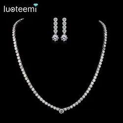 LUOTEEMI Classic Design Luxury Bridal Wedding Jewelry Tennis Necklace Earrings Set High Quality AAA Cubic Zircon Bride Accessory