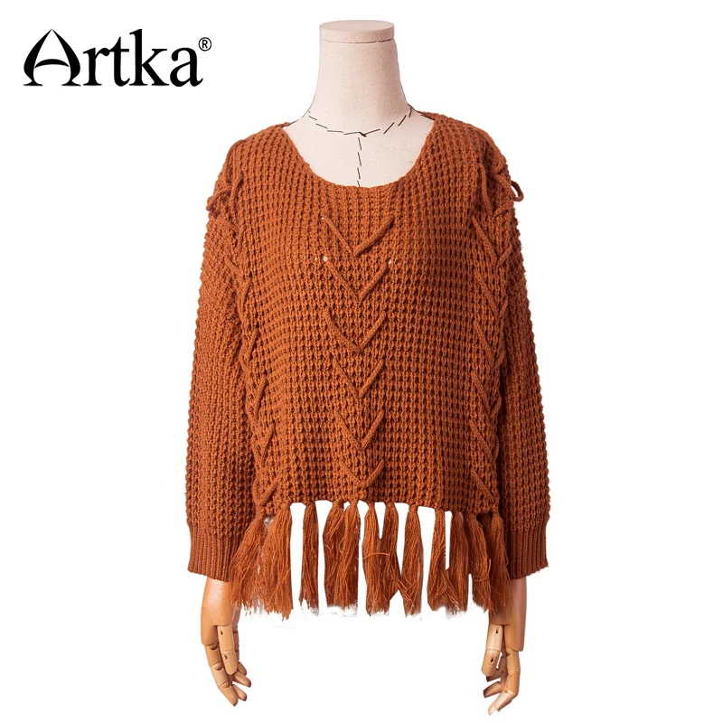 ARTKA Women\'s Pullover Sweater 2018 Autumn Vintage Jumper Women Hollow Out Tassel Sweater Female Knitted Pullover Femme SA10176Q