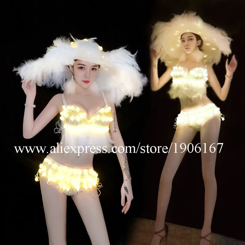 

Led Luminous Christmas Party Dress Illuminated Hat Nightclub Bar Singer DJ DS Dance Clothes Led Lightling Feather Bikini Set