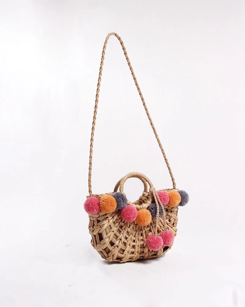 NEW Colorful Wool Ball Pom Beach Bag Shopping Basket Chic Woven Straw Handbags for Women Shoulder Bag Summer Totes female