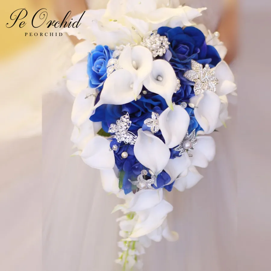 

Waterfall Blue White Flower Wedding Bridal Bouquet Brooch Real Touch Artificial Fleur Mariage Pearls Crystal Brides Bouquet