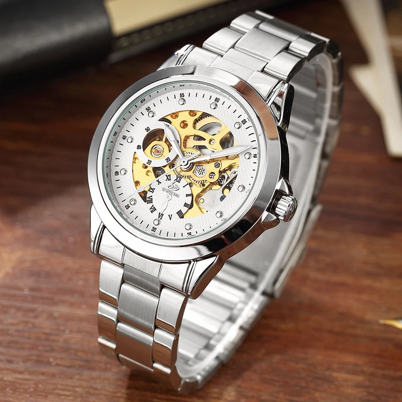 Top Brand Automatic Mechanical WristWatches men Silver Steel Skeleton Self-Wind Mens Watch Gifts Clock relogios masculino