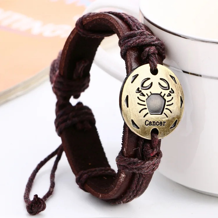 Vintage Gold Color Constellations Leo Taurus Leather Bracelet Women Punk Sagittarius Scorpio Jewelry Party Friends Gift