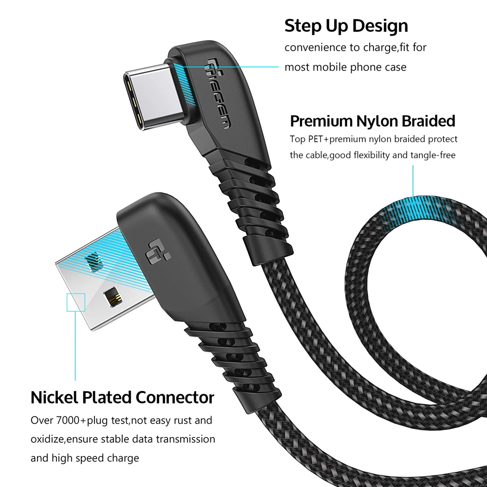 Кабель TIEGEM USB-C для Samsung S9, S10 Plus, Quick Charge 3,0, прямоугольный, для быстрой зарядки и передачи данных, для игр, USB-C провод