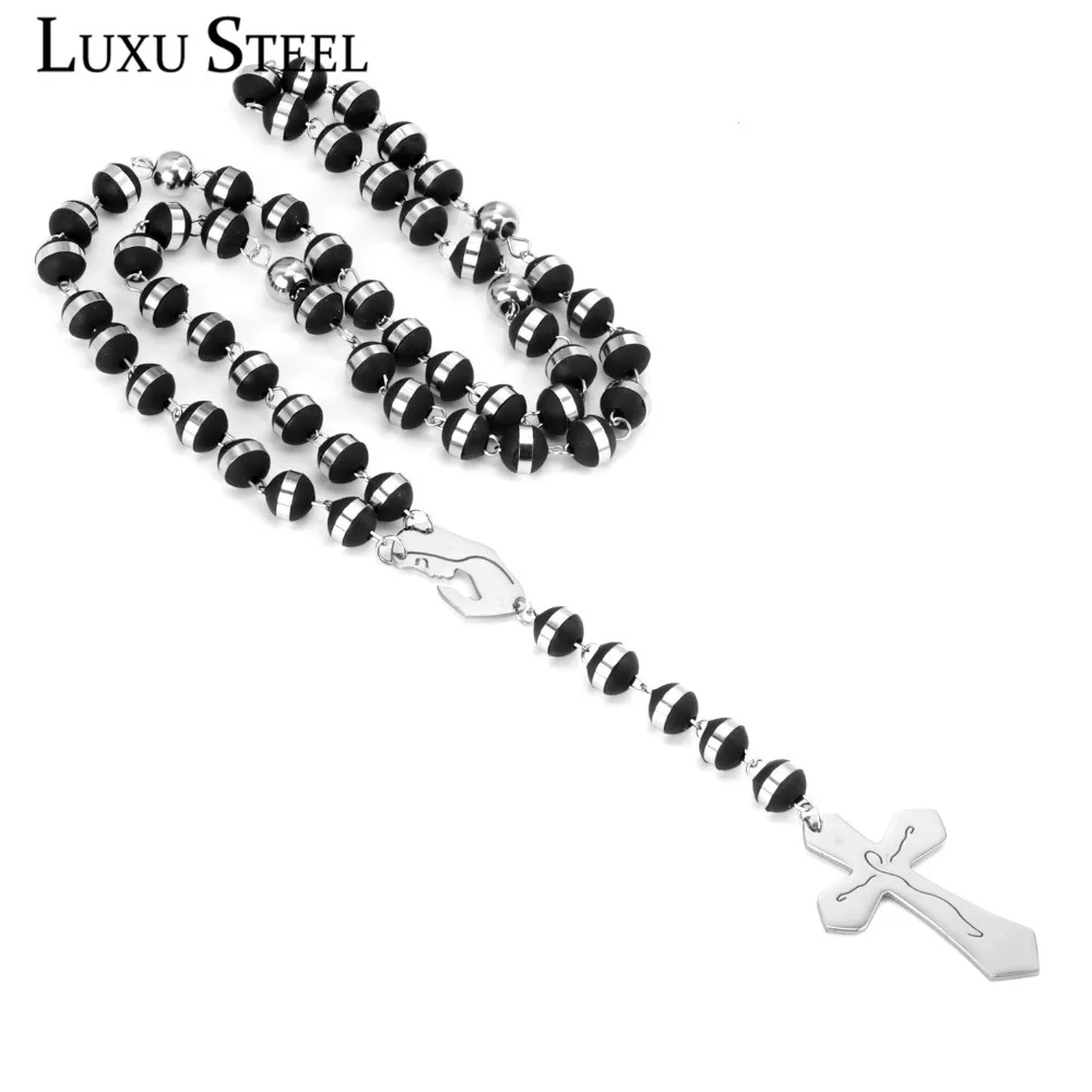 LUXUSTEEL Hot New Virgin Mary Long Rosary Necklaces Stainless Steel Black Bead With Silver Color Chain Necklace Cross Pendants