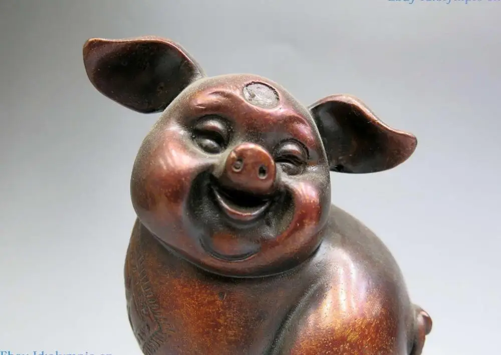 China sculpture carved fine red copper Feng Shui Yuan bao lucky pig Statue