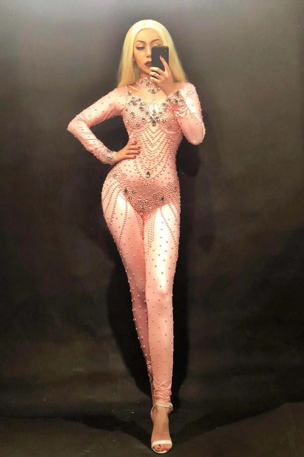 Cristalli dorati scintillanti Perle rosa Tuta Pietre Body elasticizzato Compleanno da donna Festeggia leggings sexy per spettacoli teatrali