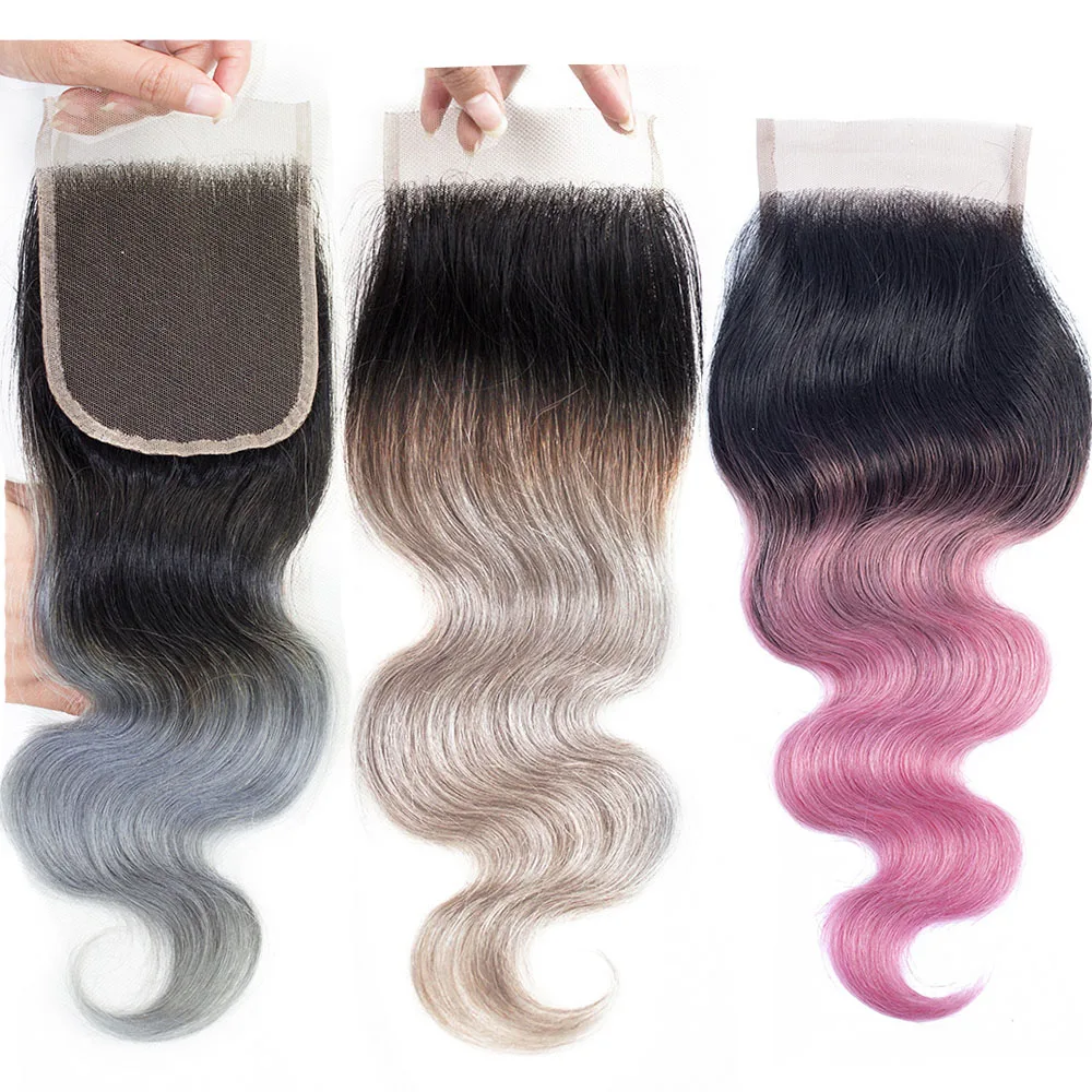 MOGUL HAIR T 1B Grey Pink 4*4 Lace Closure Ombre Human Hair Brazilian Body Wave Remy Hair 10 12 14 inch Free Middle Part