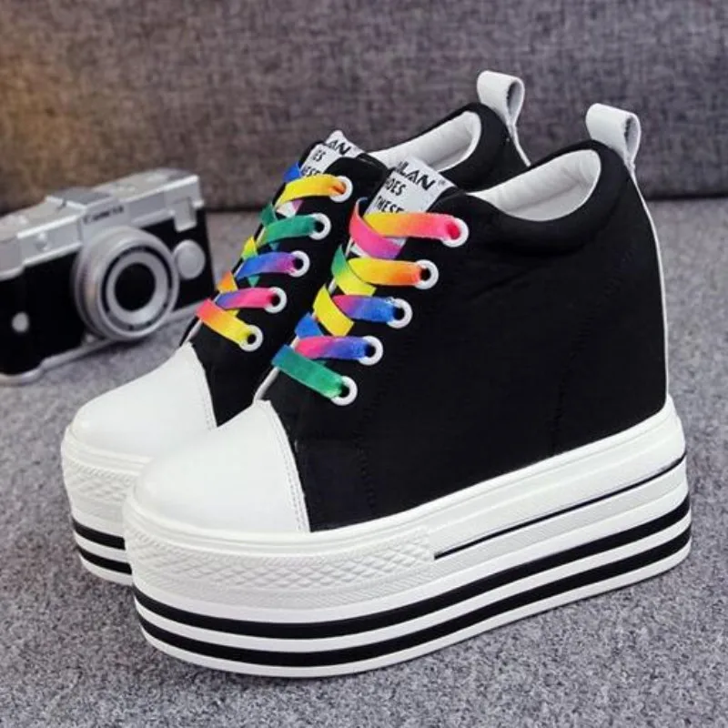 2023 New 12CM Heels Wedge Canvas Shoes Woman High Platform Sneakers Vulcanized Shoes Hidden Heel Height Increasing Casual Shoes