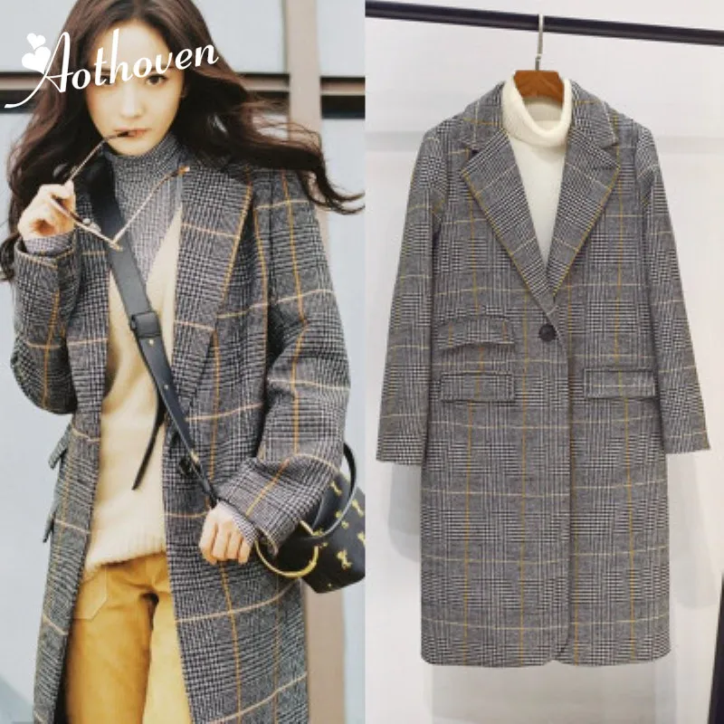 

Winter Multicolor Notched Neck Plaid Woolen Coat High Street Long Sleeve Outerwear Women Autumn Elegant Modern Lady Trench Coat