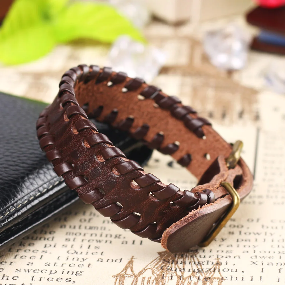 2024 Trend Personalized Jewelry Vintage Long Section Brown Leather Bracelets For Women Simple Cuff Weave Belt Buckle Bracelet