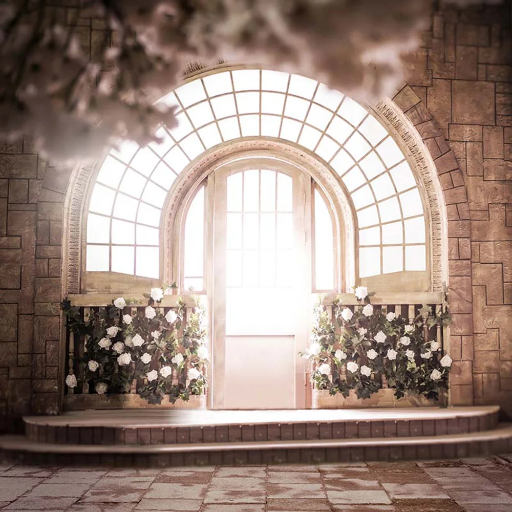 

Indoor Photo Background Wedding Bokeh Blossoms White Flowers Printed Brick Wall Arched Window Wooden Door Photography Backdrops