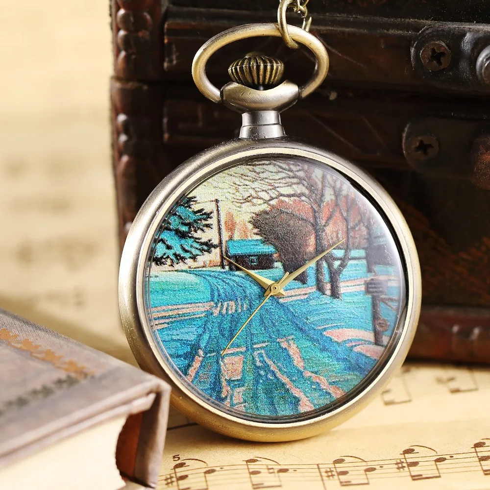 Retro Bronze Mens Women Transparent Pocket Watch Unique Art Pattern Open Face Quart Unisex Simple Design Necklace Watch