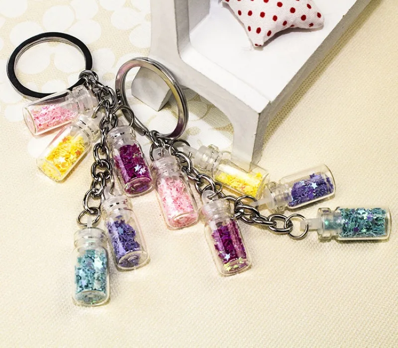 Cute Girls Drifting Bottle Bling Bling Stars Keychain For Women Bottle Charms Key Chains On Bags Trinket Jewelry Party Gifts
