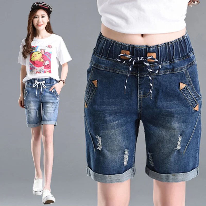 OHRYIYIE Large Size 6XL High Waist Denim Shorts Women 2023 New Summer Elastic Waist Jeans Shorts Femme Loose Hole Curling Shorts