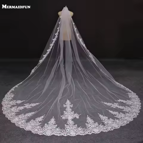 Real Photos 4 Meters Long Full Edge Lace Wedding Veil One Layer White Ivory Tulle Bridal Veil with Comb Veu de Noiva Longo