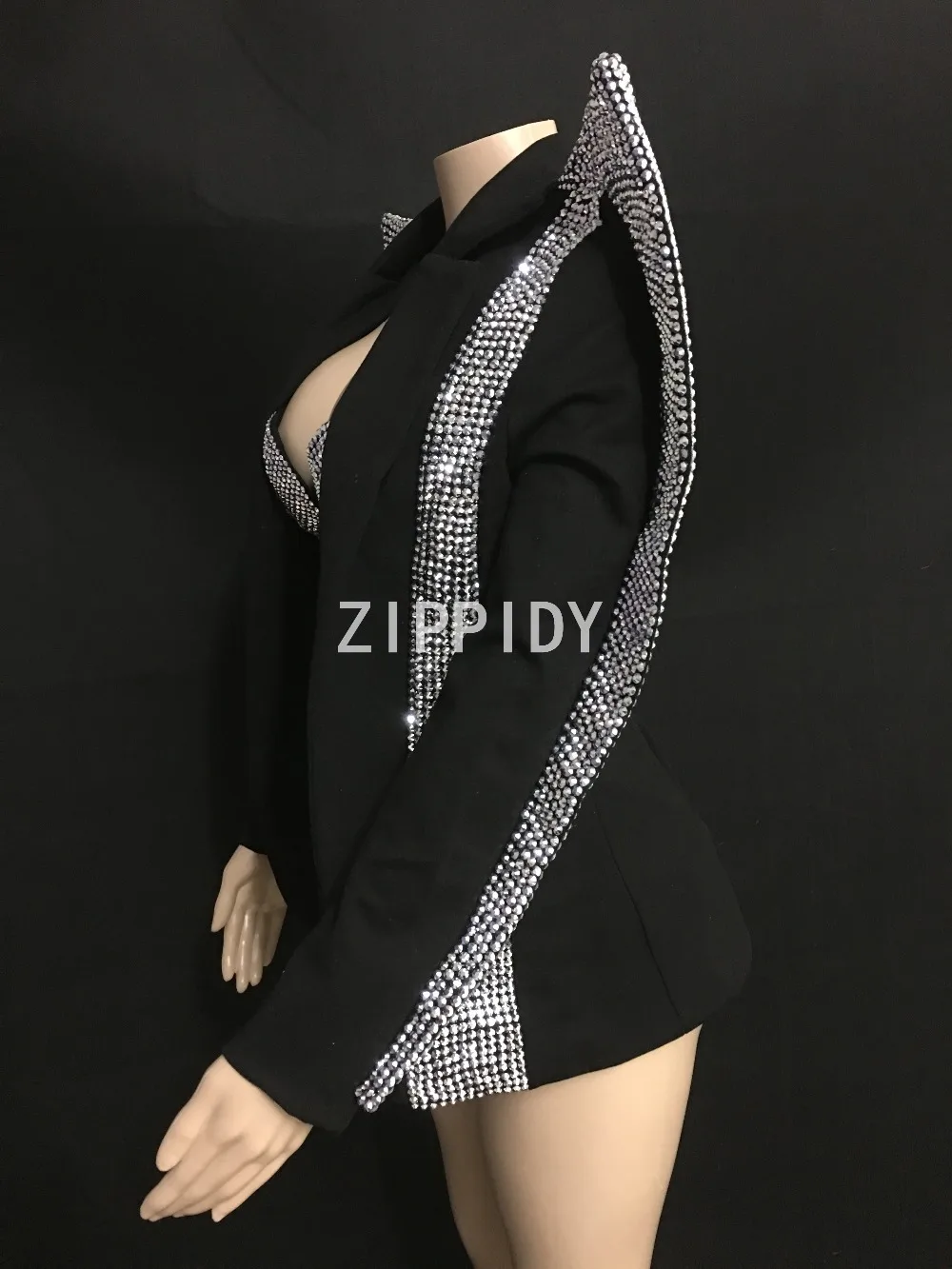 Conjunto de sujetador y Chaqueta corta con diamantes de imitación plateados para mujer, ropa negra para escenario, atuendo Sexy para fiesta de