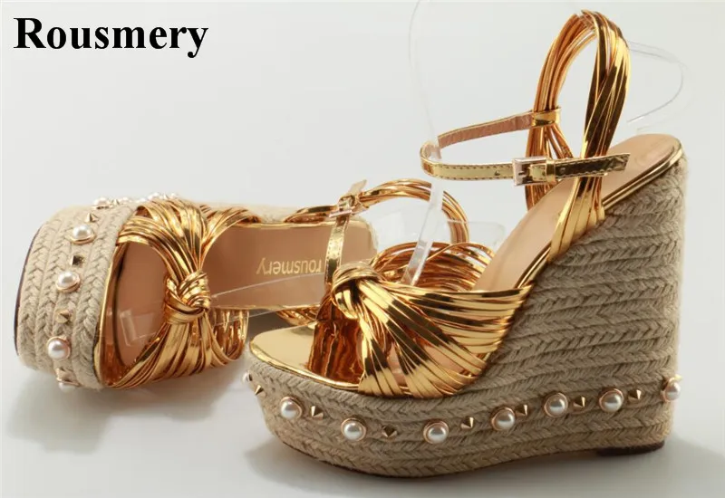 

Ladies Summer Knotted Super High Straw Sole Wedge Sandals Gold Black Pearl Mosaic Heel Sandals Spike Sandals Dress Shoes