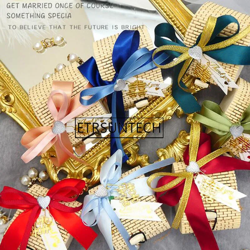 100pcs European Love Bamboo Favor Chocolate Wedding Party Gift Box Heart Shape Sweets Wrapper with Double Ribbons