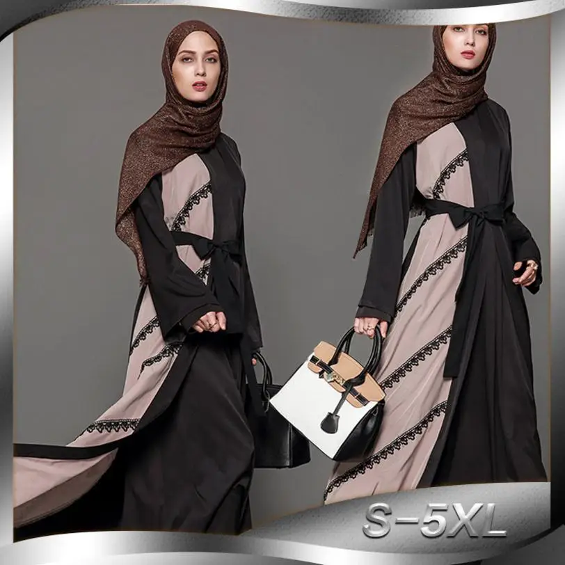 

S-4XL fashion Adult Casual lace Robe Musulmane Dubai Fashion Muslim Dress lace Robes Arab Worship Service Wj1475 with belt