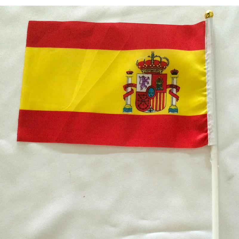 Spain National Flag with Plastic Flagpole hand waving flags Espana Polyester Flags 14 * 21 CM 5pcs