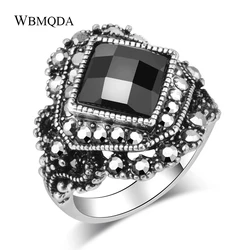 Wbmqda Vintage Big Black Stone Rings For Women Size 7 8 9 10 Tibetan Silver Gray Crystal Flower Boho Jewelry Anel