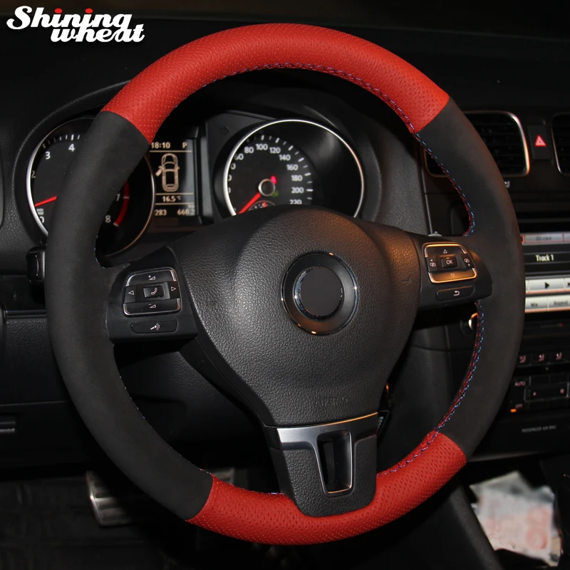 

Shining wheat Red Leather Black Suede Car Steering Wheel Cover for Volkswagen VW Gol Tiguan Passat B7 Passat CC Touran Jetta Mk6