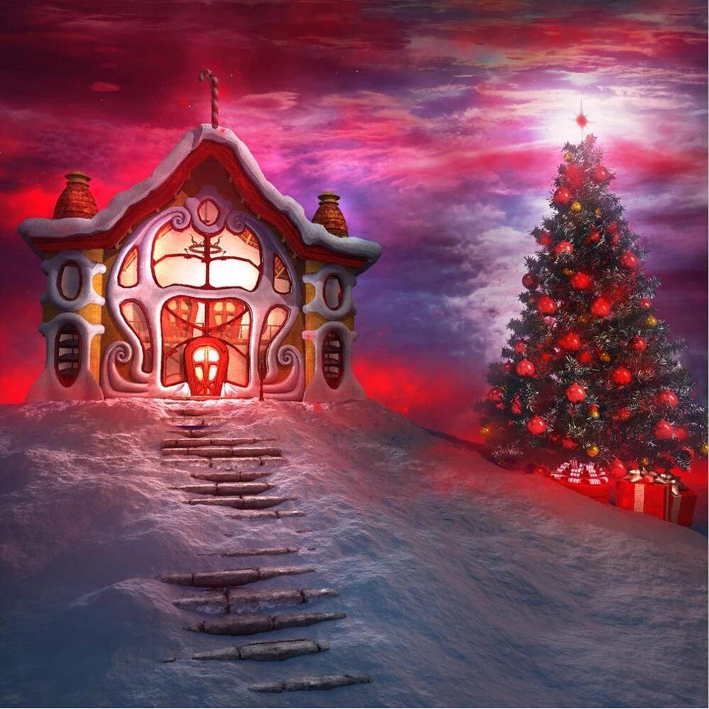 kids-fairytale-party-photo-backdrop-printed-christmas-tree-red-santa-house-beautiful-clouds-stairs-winter-snow-scenic-background