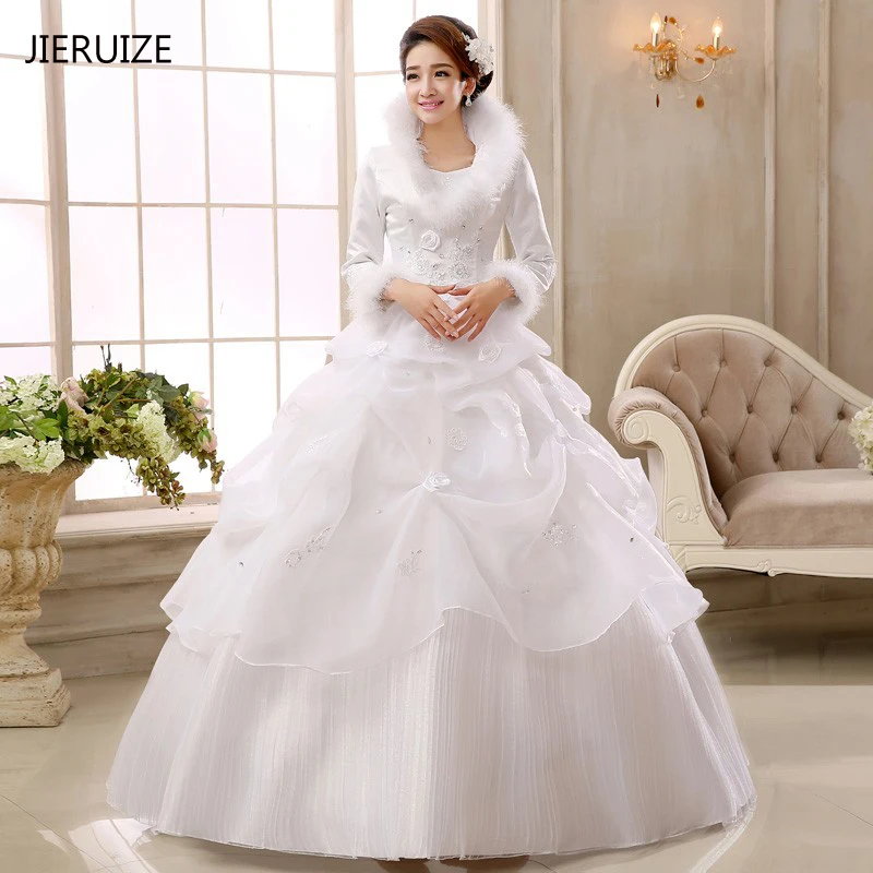 Winter Warm Organza Wedding Dresses Ball Gown Muslim Wedding Gowns Long Sleeves